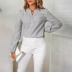Camisa listrada multicolorida feminina, decote em v, colarinho branco, colarinho branco, moda trabalho, manga comprida, estilo viajante, novo, verão - loja online