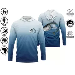 Imagem do UPF 50 + proteção Uv Tops de secagem rápida, camisa de pesca com capuz respirável fina para uso ao ar livre, manga longa, camisa de impressão de desempenho