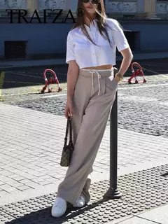 TRAFZA-Calça comprida com retalho feminino, Monocromática, Perna larga, Versátil, Casual, Calças soltas, Streetwear, Moda, 2024 - Wolf Magazine