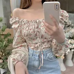Camisa feminina de gola quadrada, manga folhada sensual, tops vintage com estampa floral, camisa que combina com tudo, primavera e verão