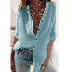 Camisa de linho de algodão feminina, monocromática, casual, solta, botão, decote em v, manga comprida, viajante, moda verão