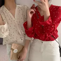 Camisa estampada amor com manga pétala, blusa com decote em v, manga comprida, moda doce, primavera e outono - Wolf Magazine