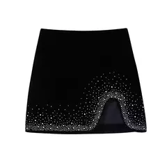 Imagem do Mini saia de veludo com lantejoulas Zevity feminina, zíper lateral chique feminino, saias lápis, bainha Shinning, nova moda, QUN255