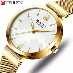 CURREN-Relógio de quartzo em aço inoxidável feminino, bracelete elegante, relógio feminino, vestido feminino, moda luxuosa, dourado