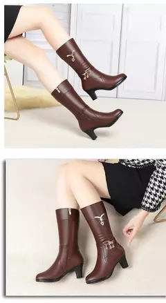 Botas médias de lã confortáveis para mulheres, salto grosso, zíper lateral, - comprar online