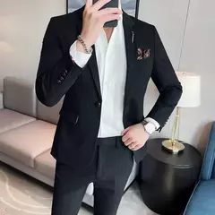 (Blazer + calças) high-end marca formal negócios xadrez terno dos homens noivo vestido de casamento cor sólida palco desempenho smoking S-7XL - Wolf Magazine