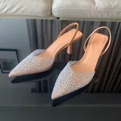 Salto alto de dedo apontado para mulheres, decoração pérola, slingback, sandálias, sapatos elegantes, moda verão, 2024 na internet