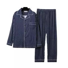 Conjunto de pijama de seda leite confortável masculino, loungewear elegante, estampa xadrez listrada, lapela combinando cores, pijama longo de peito único, outono e inverno - Wolf Magazine