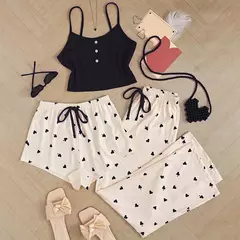 Calções e calças de colete estampado em forma de coração para mulheres, conjunto de pijamas emparelhados, tecido com nervuras para casa, casual, 3 peças