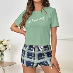 Conjunto pijama xadrez feminino, top e shorts casuais de manga curta, pijamas femininos, pijamas para casa, loungewear, 2 peças, verão, 2024 - Wolf Magazine