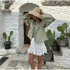 TRAF-Top feminino de manga comprida, camisas casuais, blusas amarradas femininas, blusas de praia de verão, branca, 2024