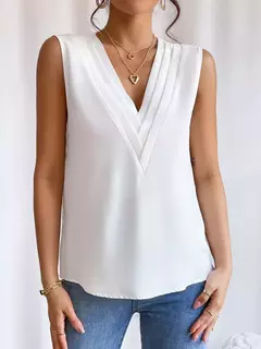Imagem do Moda feminina verão novo multi-nível com decote em v cor sólida regata camisa elegante feminino branco sem mangas blusa casual