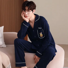 Conjunto de pijama masculino 100% algodão manga comprida solto casual outono/inverno temporada cardigan pijamas