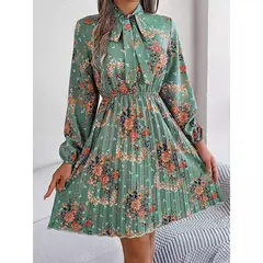 Vestido de Natal para as mulheres, manga longa, solto, elástico, estampa de flores, plissado, gola redonda, mini, novo, outono, 2022 - comprar online