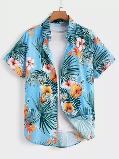 Homens e mulheres com estampa havaiana camisas de manga curta, lapela botão-down tops