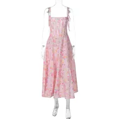 Vestido elegante com estampa floral vintage feminino, gola quadrada, sem mangas, fenda espartilho, vestidos de baile, roupas de verão, streetwear