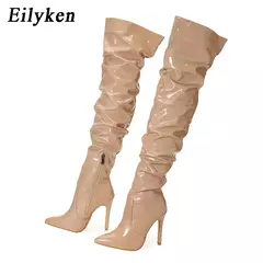 Eilyken-Patent Leather Apontado Toe Salto Alto para Mulheres, Botas Vermelhas Sobre o Joelho, Sapatos de Zíper Lateral, Stiletto Sólido, Calçado Feminino
