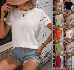 Camiseta feminina de algodão topos 2024 verão rua oco para fora simples cor sólida v camisa casual y2k t camisa branca blusa mujer moda - comprar online