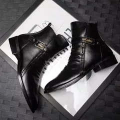 Elegante bota de couro chelsea masculina, sapato de tornozelo masculino, slip-on, vestido formal, moda, outono, inverno - loja online