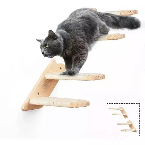 Prateleira de escalada para gatos, montada na parede, reversível, quatro escadas, corda de sisal ecológica, móveis para animais de estimação, árvore de gato, degraus de parede para animais de estimação