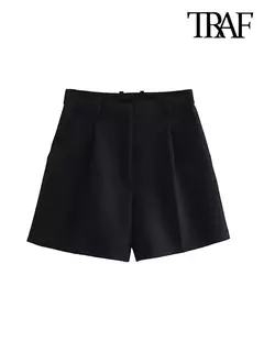 TRAF-Bermudas de cintura alta para mulheres, bolsos laterais, dardos dianteiros, vintage, com zíper, calças curtas femininas, moda