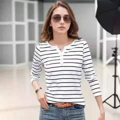 Blusa com decote em v estampada listrada para mulheres, camisas de manga comprida, tops casuais para senhora, primavera e outono - comprar online