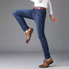 Imagem do Homens de negócios calças jeans retro clássico denim calças casuais estiramento luxo jeans moda masculina denim pant homme