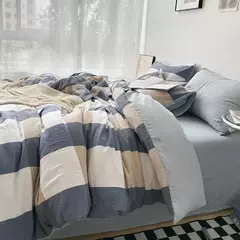 Conjunto de roupa de cama de algodão lavado, listrado, grade, lençol minimalista, consolador, capa de edredão rainha, duplo para meninos e meninas