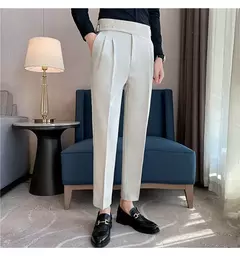 Estilo britânico dos homens de cintura alta vestido casual calça masculina cinto design calças finas formal escritório social vestido de festa de casamento terno calças - loja online