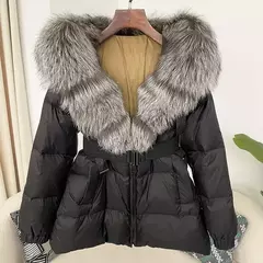 Oftbuy 2024 jaqueta de inverno feminina gola de pele de raposa natural real com capuz grosso quente 90% pato branco para baixo casaco feminino streetwear casual - comprar online