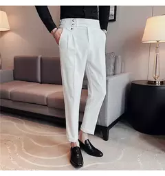 Calça formal de botão de cintura alta estilo britânico masculina, terno casual empresarial, calça de escritório, monocromática, alta qualidade, nova, primavera - Wolf Magazine