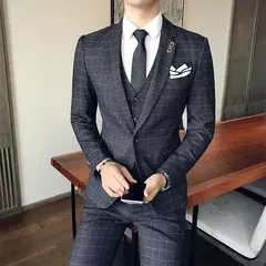 Imagem do Ternos clássicos masculinos azuis listrados/gravados, conjuntos de 3 peças para escritório de negócios, ternos sociais masculinos de tamanho asiático, preto/cinza disponível, M-4XL