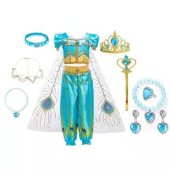 Michella moda meninas teal-azul princesa jasmim cosplay vestido de halloween vestido de festa de aniversário na internet