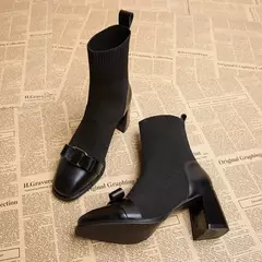 Botas de malha para mulheres, botas curtas de emagrecimento, sapatos de salto grosso, decoração metálica, moda feminina, outono, inverno - comprar online
