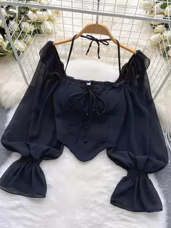 SINGREINY-Blusa Chiffon de Manga Flare para Mulheres, Tops Ruffle, Cintura Elástica Sólida, Halter Backless, Slim Ladies, Harajuku Sexy Blusa Curta