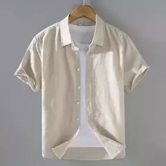 Camisa de linho de algodão manga curta masculina, cor sólida, simples, blusas casuais, tops finos respiráveis básicos, alta qualidade, moda verão na internet