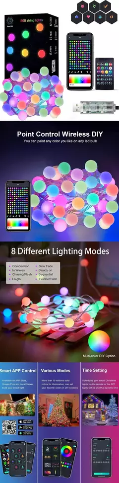 Cordas de iluminação led fada à prova dwaterproof água bolha bola lâmpada bluetooth app controle remoto usb controlador música sonho cor natal - loja online