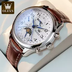 OLEVS-Relógio de pulso mecânico automático masculino, Moon Phase, Calendário, Impermeável, Aço inoxidável, Pulseira de couro, Original - comprar online