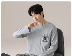 Pijama masculino com gola em o listrado, pijamas de algodão penteado, lounges plus size, outono e inverno, maduro na moda, novo, L a 6XL, 2020 - loja online