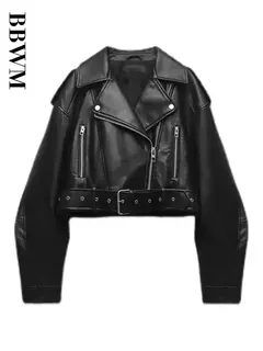TRAF-Jaqueta curta de couro sintético feminina com cinto, casaco vintage extragrande, streetwear solto, zíper feminino, outwear retrô Moto Biker na internet