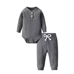 Conjunto de roupas para bebê recém-nascido menino e menina, feito de algodão, com nervuras, manga longa, bodysuit e calça, cor sólida na internet
