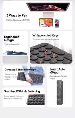 Baseus-Teclado Ergonômico Sem Fio, 2.4G, Bluetooth 5.0, Keycap Numérico, Office Game, Tablet, PC, iPad, MacBook, Laptop - comprar online