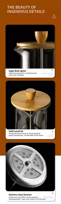 Cafeteira de vidro de aço inoxidável, French Press Coffee Potes, Hand Brewing Coffee Pot, Chá Brewing, Milk Pot para casa, 350-1000ml - loja online