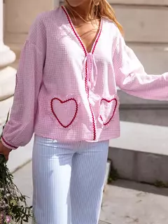 Camisas femininas com gola V, bordado de coração, xadrez, nó frontal, blusa de gravata, primavera, verão, tops casuais, moda, Y2K - loja online