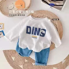 Imagem do Camiseta infantil de manga comprida, algodão puro, camisa base, desenho animado estampado, primavera e outono, bebê, meninos e meninas