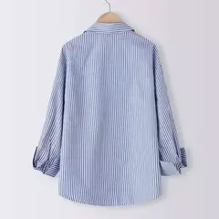 Blusa virada para baixo de manga comprida feminina, tops casuais, listras azuis, moda feminina, primavera, verão na internet