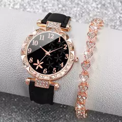 Conjunto de braceletes de coração strass feminino, relógio de pulso quartzo feminino, mostrador flor, pulseira de couro, 2 peças por conjunto