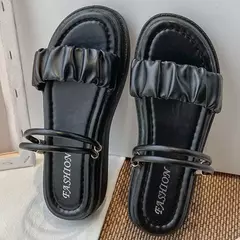 Imagem do Sandálias Slingback plissadas de design para mulheres, bege, detalhe ruched, dedo do pé aberto, flatform, sapatos diários