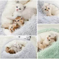 Cama para gatos de estimação, almofada redonda de pelúcia, casa 2 em 1, cesta quente para gatos, saco de dormir para animais de estimação, ninho de gato, canil para cama de cachorro pequeno