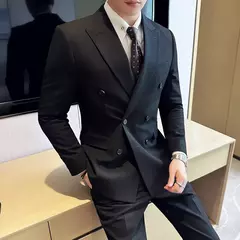 Fato de trespassado estilo britânico masculino, negócio formal, slim fit, smoking casual, festa de casamento, conjunto de 3 peças